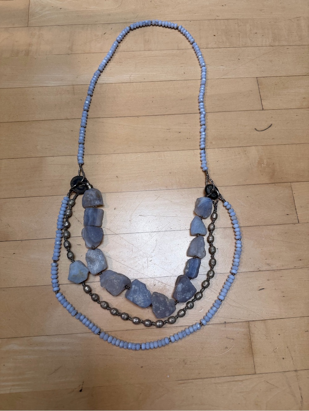 Three-Strand Light Blue Gray stone Necklace - Elegant Layered Necklace - Picture 3 of 4